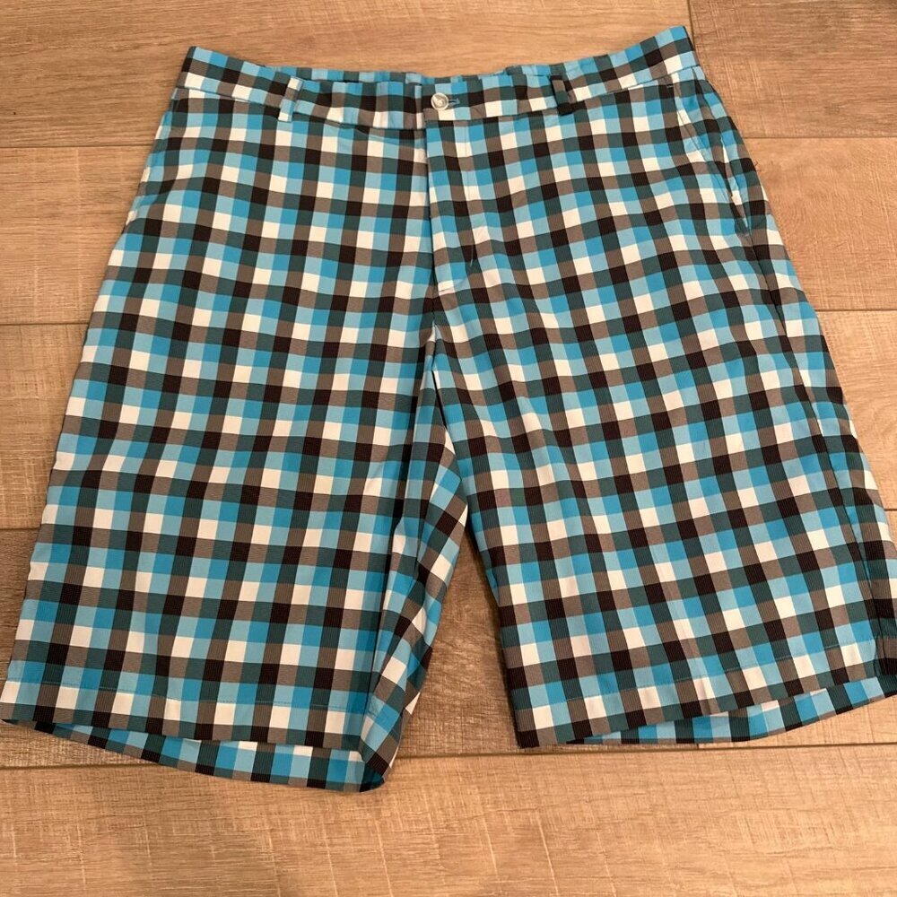 SLAZENGER MENS BLUE AND GRAY PLAID DRI FIT GOLF SHORTS SIZE 36